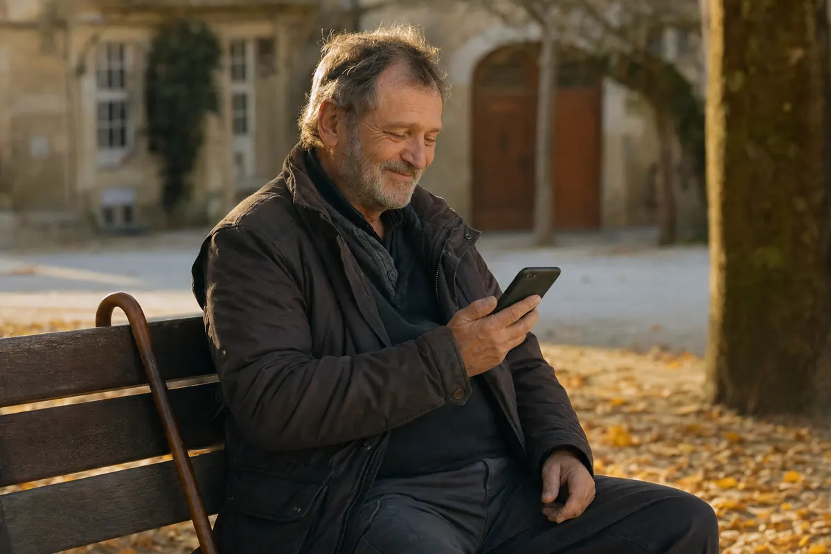 Un homme d'une soixantaine d'années sourit en lisant un message sur son téléphone, assis sur un banc, sa canne posée à côté de lui.
